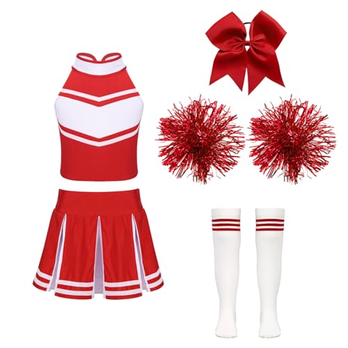 YOOJIA Cheerleadering Kostüm Kinder Cheer Uniform Outfit mit Pompoms Kopfschmuck und Socken Karneval Kostüm für 5-16 Jahre B Rot 134-140 von YOOJIA