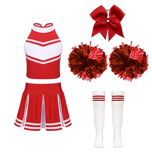 YOOJIA Cheerleadering Kostüm Kinder Cheer Uniform Outfit mit Pompoms Kopfschmuck und Socken Karneval Kostüm für 5-16 Jahre Ein Rot 122-128 von YOOJIA