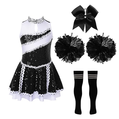 YOOJIA Cheerleadering Kostüm Kinder mit Pompons Socken und Kopfschmuck Mädchen High School Faschingskostüme Ein Schwarz-Weiß 158-164 von YOOJIA