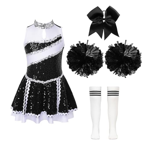 YOOJIA Cheerleadering Kostüm Kinder mit Pompons Socken und Kopfschmuck Mädchen High School Faschingskostüme Ein Weiß&Schwarz 134-140 von YOOJIA