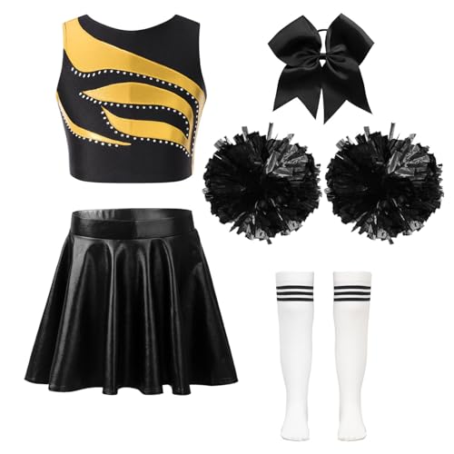 YOOJIA Cheerleadering Kostüm Mädchen Cheer Outfit mit Strass Tanzkleidung für Halloween Kostüm Dress Up Partys Ein Gold&&Weiß 110-116 von YOOJIA