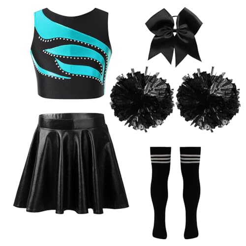 YOOJIA Cheerleadering Kostüm Mädchen Cheer Outfit mit Strass Tanzkleidung für Halloween Kostüm Dress Up Partys Ein Seegrün und Schwarz 134-140 von YOOJIA