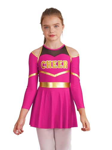YOOJIA Cheerleadering Kostüm für Mädchen Halloween Kostüm Langärmliges Kleid Mesh Patchwork Partykleid Rollenspiele Verkleidung Hot Pink 110-116 von YOOJIA