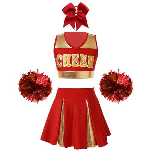 YOOJIA Cheerleadering Kostüm für Mädchen Uniform Ärmellos Crop Top mit Minirock Kopfbedeckung und Pompoms Halloween Kostüm Dress Up Partys Ein Rot 170-176 von YOOJIA