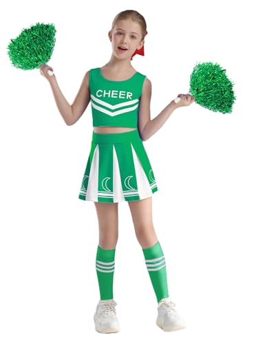 YOOJIA Cheerleaders Kostüm Kinder Mädchen Cheerleadering Outfit mit Pompoms und Socken Set Halloween Karneval Maske 5-16 Jahre Grün 122-128 YOOJIA Cheerleaders Kostüm Kinder Mädchen Cheerleadering Outfit mit Pompoms und Socken Set Halloween Karneval Maske 5-16 Jahre Grün 122-128 von YOOJIA