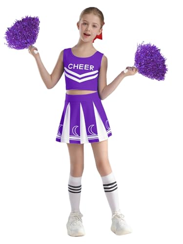 YOOJIA Cheerleaders Kostüm Kinder Mädchen Cheerleadering Outfit mit Pompoms und Socken Set Halloween Karneval Maske 5-16 Jahre Lila 110-116 YOOJIA Cheerleaders Kostüm Kinder Mädchen Cheerleadering Outfit mit Pompoms und Socken Set Halloween Karneval Maske 5-16 Jahre Lila 110-116 von YOOJIA