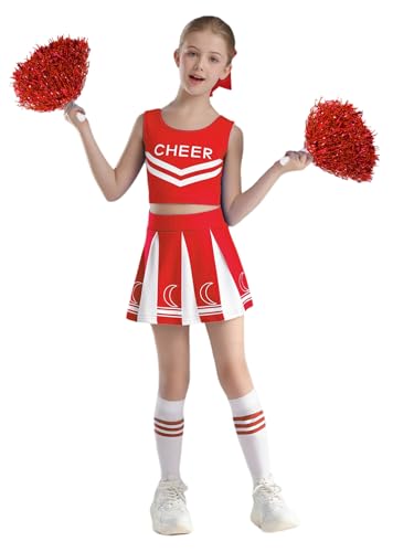 YOOJIA Cheerleaders Kostüm Kinder Mädchen Cheerleadering Outfit mit Pompoms und Socken Set Halloween Karneval Maske 5-16 Jahre Rot 98-104 YOOJIA Cheerleaders Kostüm Kinder Mädchen Cheerleadering Outfit mit Pompoms und Socken Set Halloween Karneval Maske 5-16 Jahre Rot 98-104 von YOOJIA
