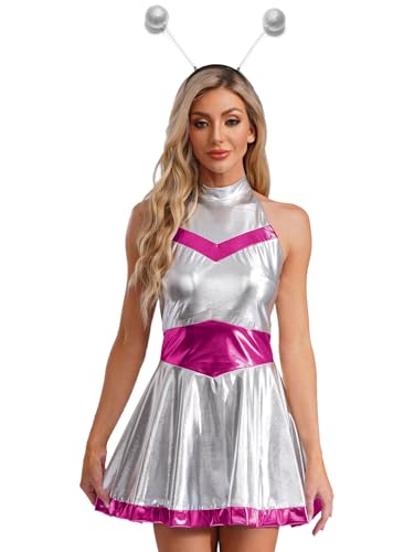 YOOJIA Damen Astronaut Kostüm Metallic Neckholder A Linien Kleid mit Haarreif Stirnband Für Fasching Karneval Halloween Hot Pink XXL von YOOJIA