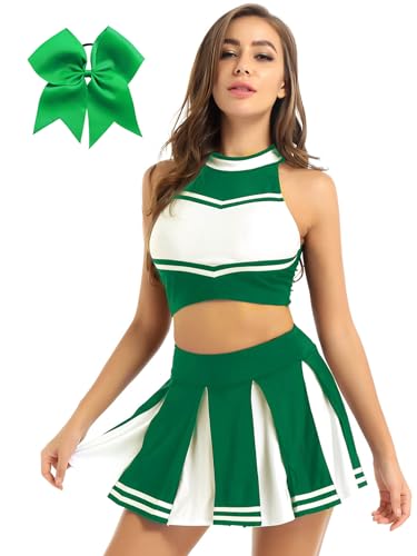 YOOJIA Damen Cheerleaderin Kostüm Set Cheer Leader Uniform Ärmellos Rückenfrei Crop Top mit Mini Faltenrock und Kopfbedeckung Grün L von YOOJIA