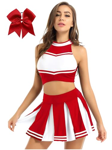 YOOJIA Damen Cheerleaderin Kostüm Set Cheer Leader Uniform Ärmellos Rückenfrei Crop Top mit Mini Faltenrock und Kopfbedeckung Rot L von YOOJIA