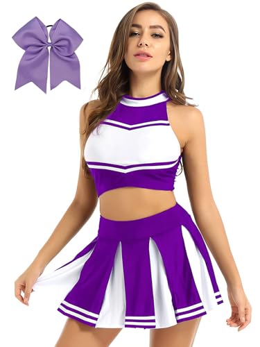 YOOJIA Damen Cheerleaderin Kostüm Set Cheer Leader Uniform Ärmellos Rückenfrei Crop Top mit Mini Faltenrock und Kopfbedeckung Violett L von YOOJIA