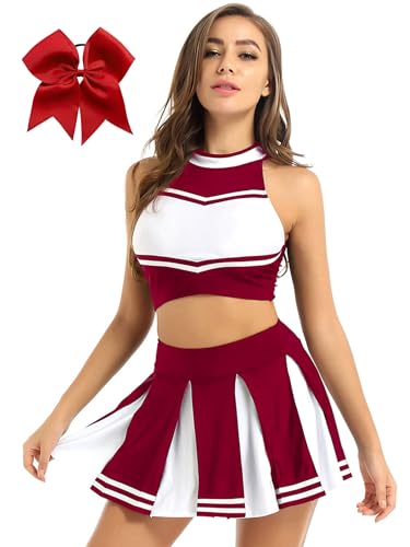 YOOJIA Damen Cheerleaderin Kostüm Set Cheer Leader Uniform Ärmellos Rückenfrei Crop Top mit Mini Faltenrock und Kopfbedeckung Weinrot XL von YOOJIA