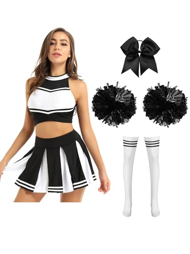 YOOJIA Damen Cheerleadering Kostüm Uniform Ärmelloses Crop Top mit Faltenrock Tanz Karneval Fasching Halloween Kostüm Schwarzes B XL von YOOJIA