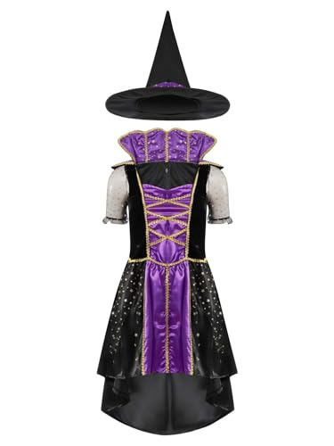 YOOJIA Damen Hexenkostüm Lila Schwarz Hexenkleid mit Hexenhut Kurzarm Vampir Kleid Hexen Halloween Kostüme Violett L von YOOJIA