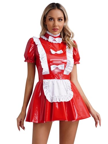 YOOJIA Damen Kostüm Dienstmädchen Minikleid Lack Leder Kleid Dessous Lingerie Nachtwäsche Cosplay Uniform Clubwear Rot S von YOOJIA