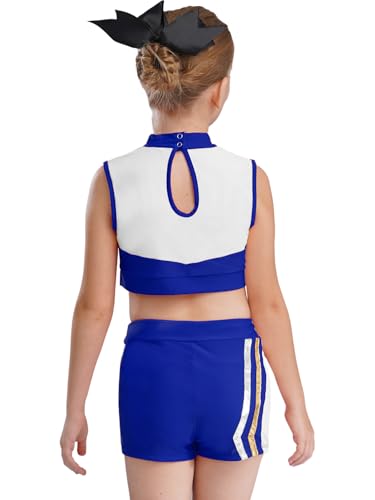 YOOJIA Einheitsgröße Pompom Mädchen Kostüm Cheer leader Top ohne Ärmel mit Shorts Set für Halloween Karneval Maskerade 5-16 Jahre Königsblau 110-116 von YOOJIA