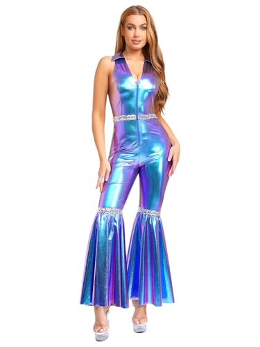 YOOJIA Frauen Glänzende Metallische 80er Jahre Disco Jumpsuit Ärmellose Rückenlose Flared Hose Für Rave Nightclub Party Blau 3XL YOOJIA Frauen Glänzende Metallische 80er Jahre Disco Jumpsuit Ärmellose Rückenlose Flared Hose Für Rave Nightclub Party Blau 3XL von YOOJIA