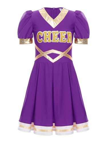 YOOJIA Halloween Cheerleadering Kostüm Kinder Mädchen Schulmädchen Uniform Glänzend Kleid mit Puffärmeln Tanzkleid Party Cosplay Verkleidung Violett 122-128 von YOOJIA