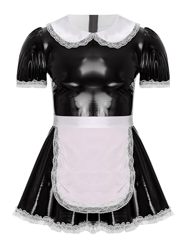 YOOJIA Herren Sissy Kleid mit Spitzen Dienstmädchen Kostüm Dessous Body Cosplay Sexy Nachtwäsche Lackleder Tütü Röckchen Schwarz 5XL von YOOJIA