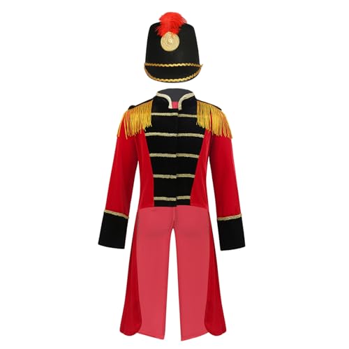 YOOJIA Jungen Zirkusdirektor Kostüm Langarm Jacke Fransen Smoking Mantel mit Hut Fasching Cosplay Verkleidung rot schwarz 146-152 von YOOJIA