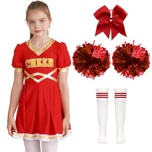 YOOJIA Kinder Cheer Leaderin Halloween Karneval Kostüm Mädchen Cheerleading Uniform Kleid mit Pompoms Socken und Kopfbedeckung Ein Rot 146-152 von YOOJIA