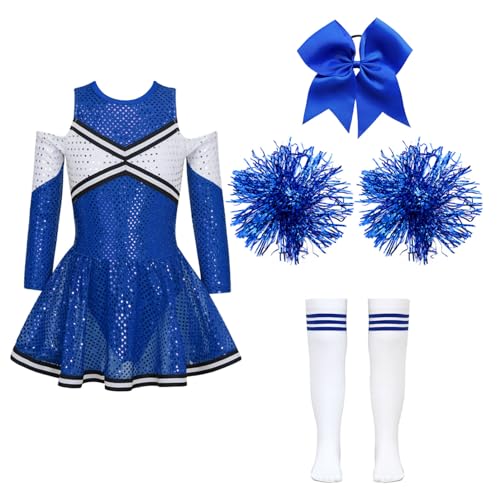 YOOJIA Kinder Cheer Leaderin Kostüm Mädchen Cheerleading Kleid mit Pompoms Socken und Kopfschmuck Halloween Karneval Tanzkostüm B Blau 134-140 von YOOJIA