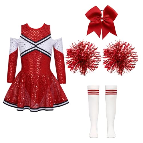 YOOJIA Kinder Cheer Leaderin Kostüm Mädchen Cheerleading Kleid mit Pompoms Socken und Kopfschmuck Halloween Karneval Tanzkostüm B Rot 158-164 von YOOJIA