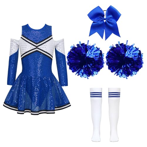 YOOJIA Kinder Cheer Leaderin Kostüm Mädchen Cheerleading Kleid mit Pompoms Socken und Kopfschmuck Halloween Karneval Tanzkostüm Ein blaues 146-152 von YOOJIA