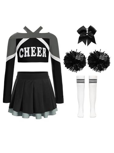 YOOJIA Kinder Mädchen Cheer Leader Kostüm 5tlg Cheerleaderd Outfit Tanz Kleid Pom-Pom Girl Cosplay Karneval Halloween Performance 5-16 Jahre Schwarz Weiß 170 von YOOJIA