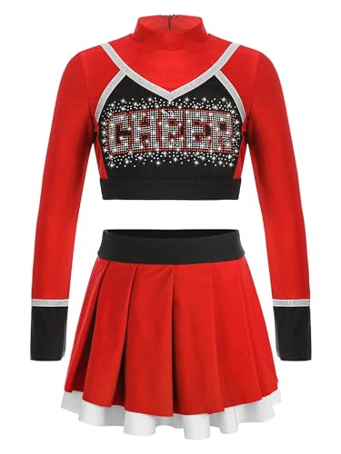 YOOJIA Kinder Mädchen Cheerleading Uniform Langarm Glitzer Crop Top mit Minirock Halloween Fasching Tanzkostüm Rot 134-140 von YOOJIA