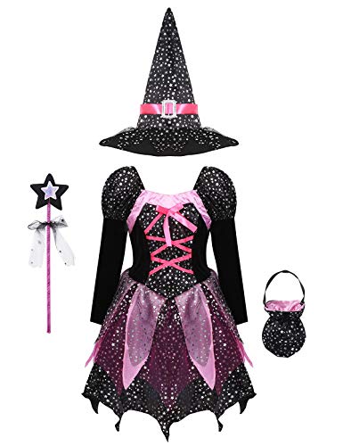 YOOJIA Kinder Mädchen Hexen Verkleidung Hexenkleid mit Sternen Hexenhut Tasche Zauberstab Halloween Karneval Fasching Party Cosplay A Schwarz 116-122 von YOOJIA