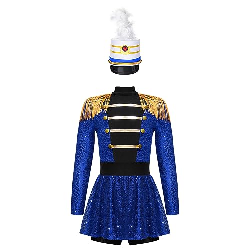 YOOJIA Kinder Mädchen Zirkus Ringermaster Kostüm Langarm Tanzkleid Bodysuit Pailletten Overall mit Hut Halloween Karneval Tanzkleidung Blau 146-152 von YOOJIA
