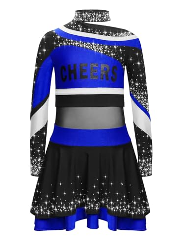 YOOJIA Kostüm Cheerleaders Mädchen Kinder Uniform Pom Pom Mädchen Oberteil und Rock Tanzkleid Schule Cosplay Karneval Halloween 5-16 Jahre Blau 146-152 von YOOJIA