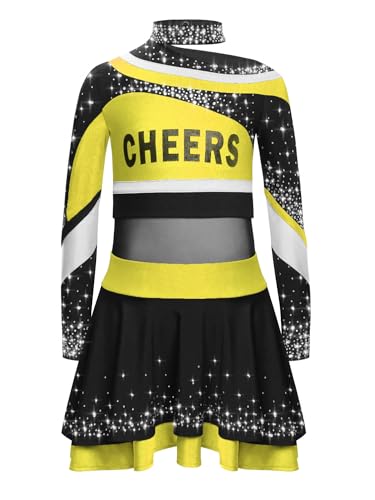 YOOJIA Kostüm Cheerleaders Mädchen Kinder Uniform Pom Pom Mädchen Oberteil und Rock Tanzkleid Schule Cosplay Karneval Halloween 5-16 Jahre Gelb 158-164 von YOOJIA