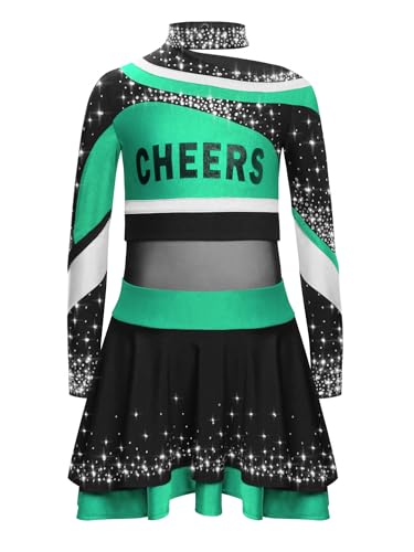 YOOJIA Kostüm Cheerleaders Mädchen Kinder Uniform Pom Pom Mädchen Oberteil und Rock Tanzkleid Schule Cosplay Karneval Halloween 5-16 Jahre Grün 158-164 von YOOJIA