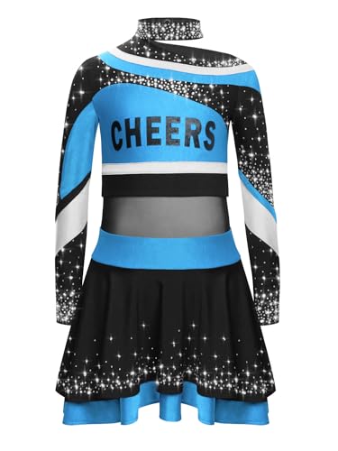 YOOJIA Kostüm Cheerleaders Mädchen Kinder Uniform Pom Pom Mädchen Oberteil und Rock Tanzkleid Schule Cosplay Karneval Halloween 5-16 Jahre Hellblau 122-128 von YOOJIA