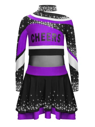 YOOJIA Kostüm Cheerleaders Mädchen Kinder Uniform Pom Pom Mädchen Oberteil und Rock Tanzkleid Schule Cosplay Karneval Halloween 5-16 Jahre Lila 122-128 von YOOJIA