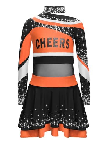 YOOJIA Kostüm Cheerleaders Mädchen Kinder Uniform Pom Pom Mädchen Oberteil und Rock Tanzkleid Schule Cosplay Karneval Halloween 5-16 Jahre Orange 122-128 von YOOJIA