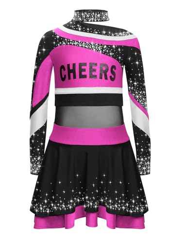 YOOJIA Kostüm Cheerleaders Mädchen Kinder Uniform Pom Pom Mädchen Oberteil und Rock Tanzkleid Schule Cosplay Karneval Halloween 5-16 Jahre Pink 122-128 von YOOJIA