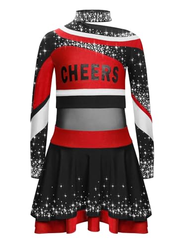 YOOJIA Kostüm Cheerleaders Mädchen Kinder Uniform Pom Pom Mädchen Oberteil und Rock Tanzkleid Schule Cosplay Karneval Halloween 5-16 Jahre Rot 122-128 von YOOJIA