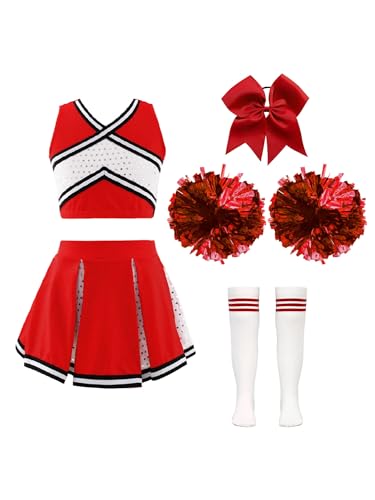 YOOJIA Mädchen Cheerleadering Kostüm Kinder Cheer Outfit Halloween Karneval Kostüm mit Pompons Socken und Kopfschmuck Ein Rot 110-116 von YOOJIA