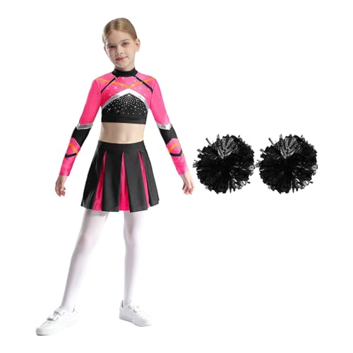 YOOJIA Mädchen Cheerleadering Kostüm Uniform Langarm Crop Top mit Minirock und 2 Pompoms Fasching Tanzkostüm Hot Pink 146-152 von YOOJIA