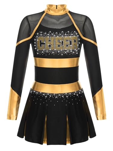 YOOJIA Mädchen Cheerleading Kostüm Langarm Tanzkleid mit Glitzer Cheer Leader Outfit Schulmädchen Kleider Sportkleid Schwarzes Gold 134-140 von YOOJIA