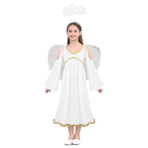 YOOJIA Mädchen Griechische Kostüm Prinzessin Kleid Römische Toga Kleid mit Flügeln und Stirnband für Halloween Karneval Weiß C 152-164 von YOOJIA