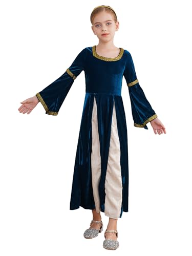 YOOJIA Mädchen Mittelalter Kleid Vintage Retro Kleid Bandage Renaissance Kleid Maxikleid Langarm Partykleid mit Kopfbedeckung Navy blau 134-140 von YOOJIA