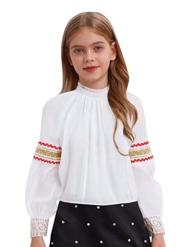 YOOJIA Russisches Kostüm Kind Mädchen Hemd Russisches traditionelles Kostüm Halloween Weihnachten Karneval Hemd Prinzessin Abend Puffärmel 2-16 Jahre Weiß 146-152 von YOOJIA