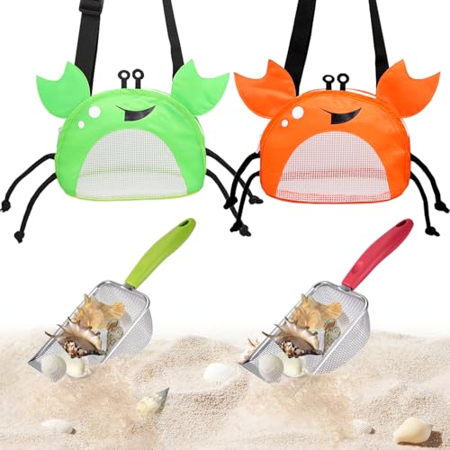 YOOLEETC Strandspielzeug Netzschaufel und Netz-Strandtasche, Muscheltasche, für Sandfilter und Muscheln, Sandsieb, Muscheln, Sammelwerkzeuge (grün-orange Krabbe), 4 Stück von YOOLEETC