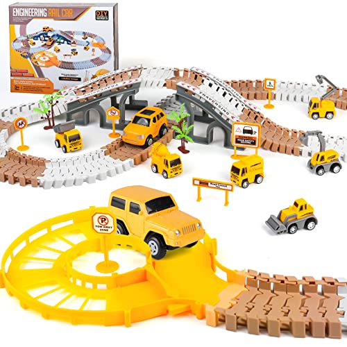 Autorennbahn Rennbahn Konstruktion Spielzeugautos Set, Rennstrecke Spielzeug ab 3 4 5 6 7 Jahre Jungen Mädchen, mit 6 Baufahrzeuge und 2 Elektroauto Cars, Flexible Track Spiele Geschenk für Kinder von YOOYID