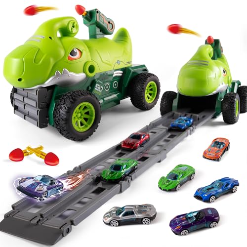 YOOYID Dinosaurier LKW für 2-5 Jahre Alte Jungen - 6 Druckguss Metall Rennwagen, Faltbarer Track mit Raketenwerfer - Dino Truck Spielzeug für Kinder von YOOYID