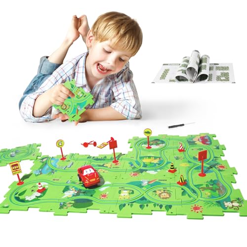 YOOYID Kunststoff Puzzle mit Autorennbahn für Kinder im Alter von 3-6 Jahren, Kinderspielzeug für Puzzlespuren, Puzzle Track Racer Rennbahnen Lernspielzeug für 3 4 5 6 jährige Jungen Mädchen von YOOYID